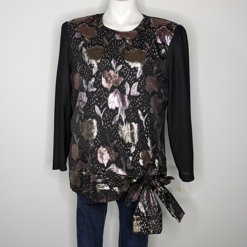 NWT Vintage Boston Maid black pink floral tie accent waist sheer blouse 18